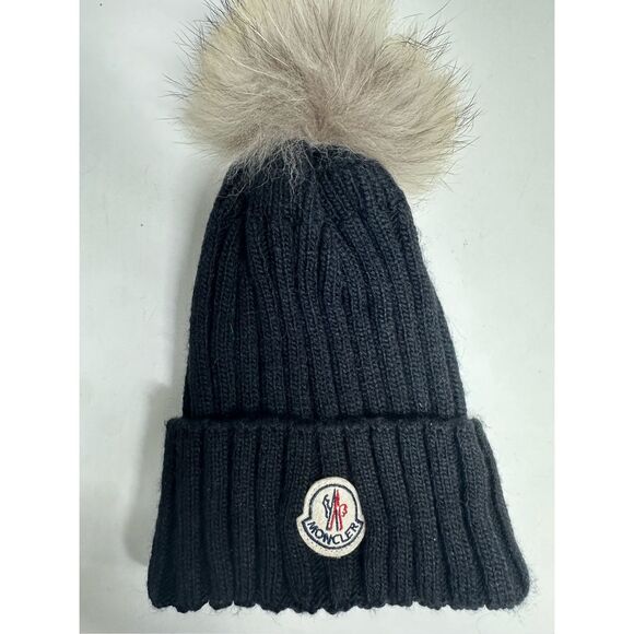 Moncler Wool Blend Beanie Hat Black Fur Pompon Logo One Size Adult - Picture 3 of 6